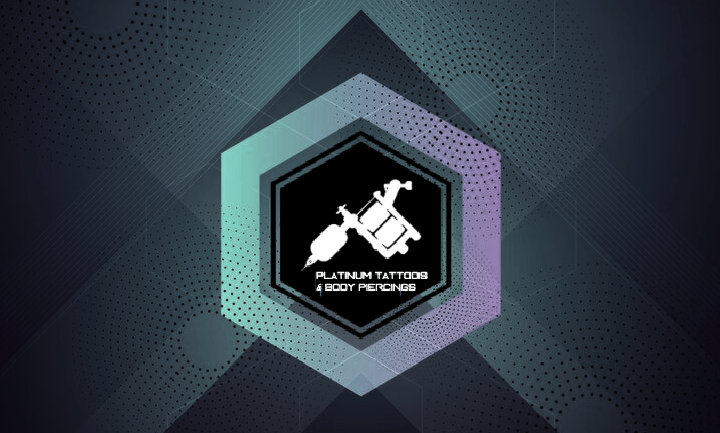 Logo for "Platinum Tattoos & Body Piercings" featuring a stylized white tattoo machine on a black hexagonal background. The hexagon has a gradient border transitioning from teal to purple. The logo is set against a dark background with abstract geometric patterns and dotted textures.