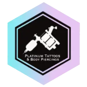 Logo for "Platinum Tattoos & Body Piercings" featuring a stylized tattoo machine in white against a black hexagonal background. The hexagon has a gradient border transitioning from blue to purple. The business name is written in bold, uppercase white letters below the tattoo machine.