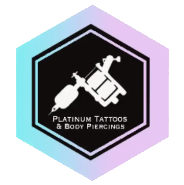 Logo for "Platinum Tattoos & Body Piercings" featuring a stylized tattoo machine in white against a black hexagonal background. The hexagon has a gradient border transitioning from blue to purple. The business name is written in bold, uppercase white letters below the tattoo machine.