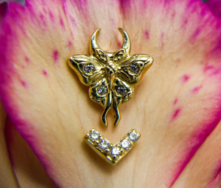 This gold butterfly and crescent moon stud adorned with delicate diamonds, paired with a sleek V-shaped gem accent, creates a captivating and whimsical look. The fine details and shimmering stones are perfectly showcased against the soft, natural tones of the flower.