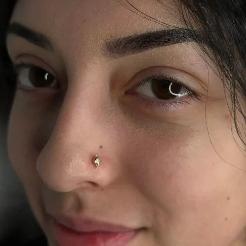 Close-up of a person’s face focusing on a small gold nose stud with a teardrop-shaped design on the left nostril. The person has smooth skin, neatly groomed eyebrows, and natural brown eyes looking softly at the camera. Loose strands of black hair frame the face.